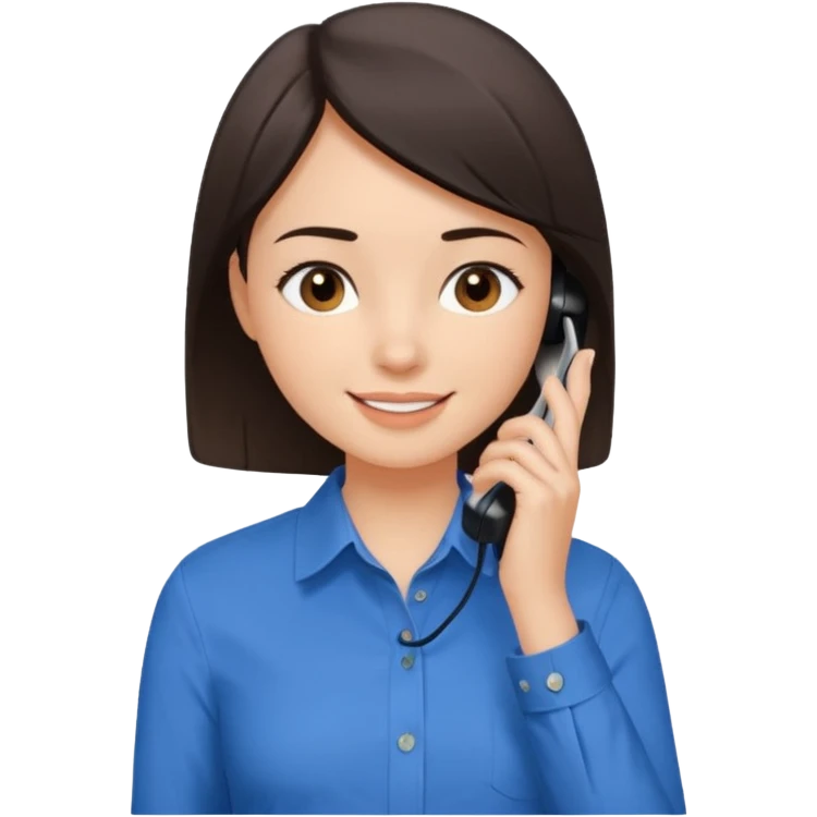 generate a pretty fair bratz girl with dark brown eyes. Dark brown hair straight short hair. tight blue button up shirt with top shirt open.  Talking on the phne emoji