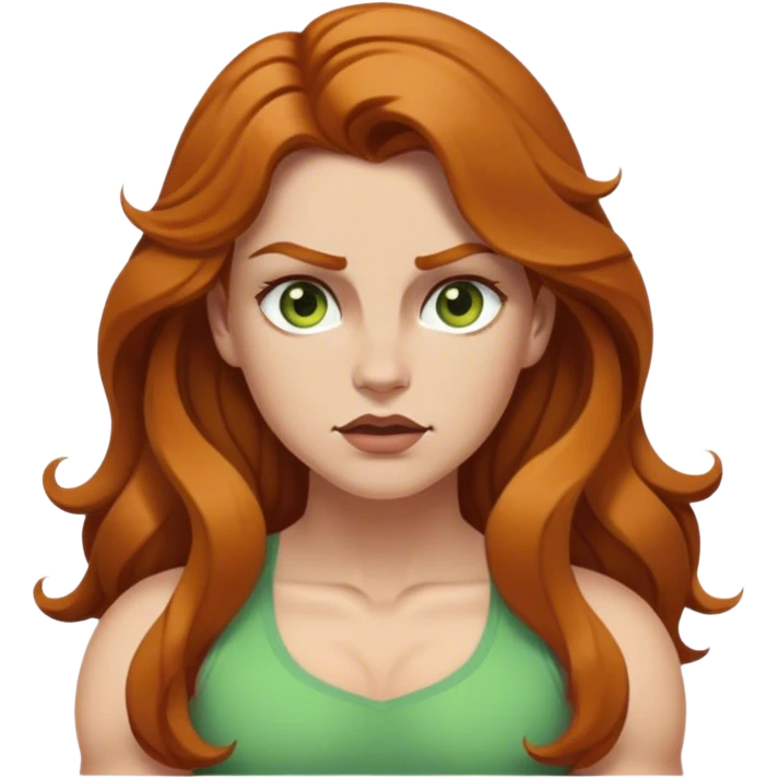 make a white girl with brownish gingerish hair that is long and wavy and dark brown eyebrows and green ish yellowish eyes and thin lips flexing her small muscles she is a tiny bit chunky emoji