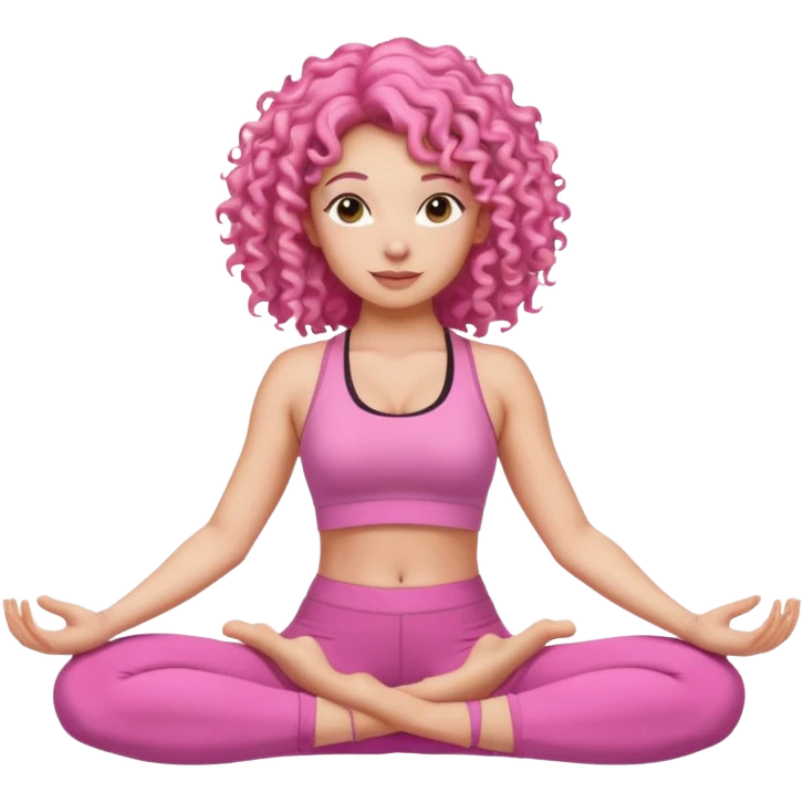 Woman with pink curly hair in a pink yoga outfit doing yoga emoji
