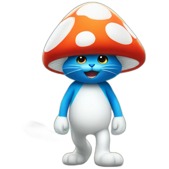 Smurf the cat walks through the forest with white pants and a white hat in the shape of a mushroom emoji