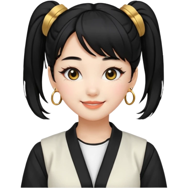 a beautiful girl face, wearing cute korean makeup, black hair, tied into two lowbuns with front bangs, black shirt, white jacket with golden shoulder pads, kpop idol emoji