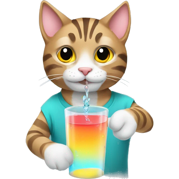 Tabby cat holds colored water in his hands and keeps drinking emoji