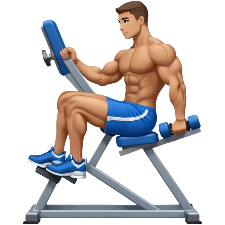 side-view bodybuilder in blue shorts seated weighted calf-raise machine on his tip toes emoji