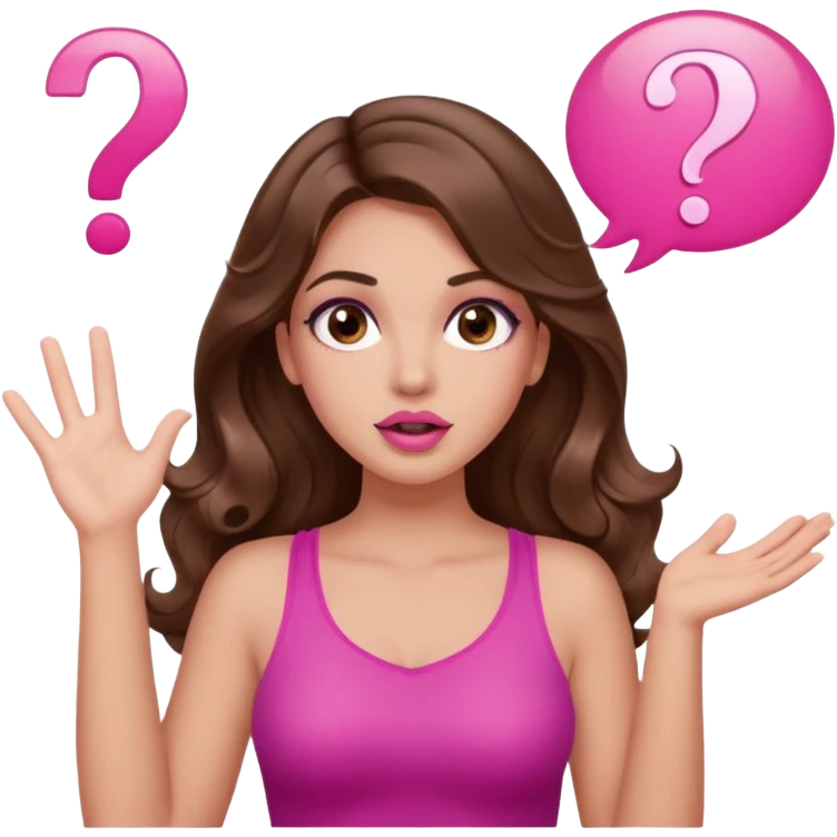 girl with long wavy brown hair, brown eyes, long lashes makeup, sexy pink lips, light to medium complexion, pink sexy top, two hands up, shrugging, confused questions mark bubble sign emoji