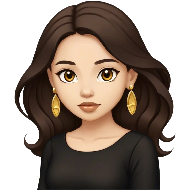 Beautiful woman,cute, long dark brown hair in dark dress with gold earrings emoji