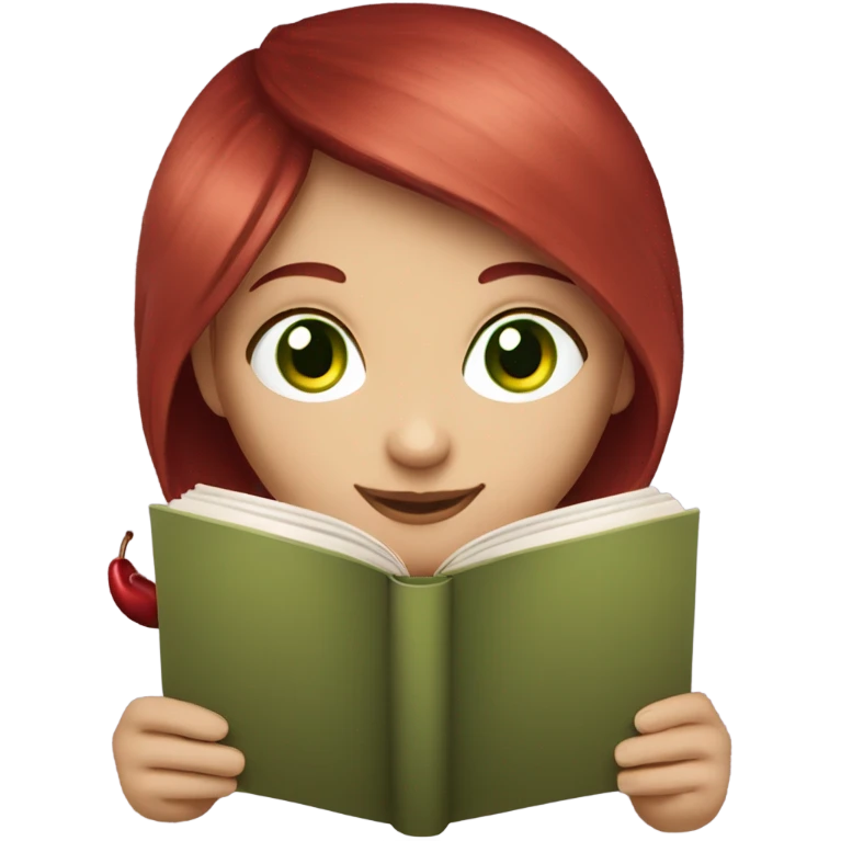 Cherry red hair, green eyes, girl reading a book emoji