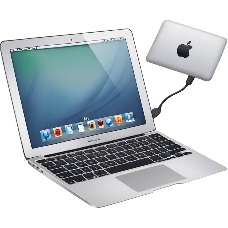 Crea una imagen en la que un MacBook Air, una cámara y un celular estén recargándose emoji