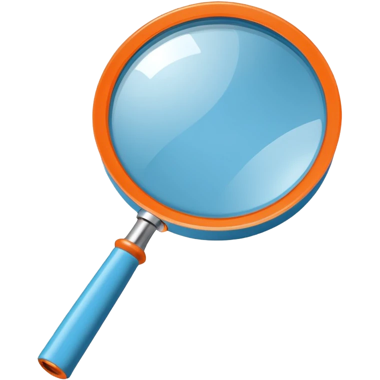 A stylized blue magnifying glass tilted right, flat design, minimalist, vibrant orange handle, white circular background, high resolution, 2048x2048 pixels, vector art, clean lines emoji