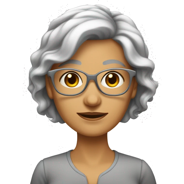 Femme âgée avec cheveux gris blancs très court sans volume avec des lunettes de vue verres non teintés et pas très grande avec une corpulence maigre de couleur claire emoji
