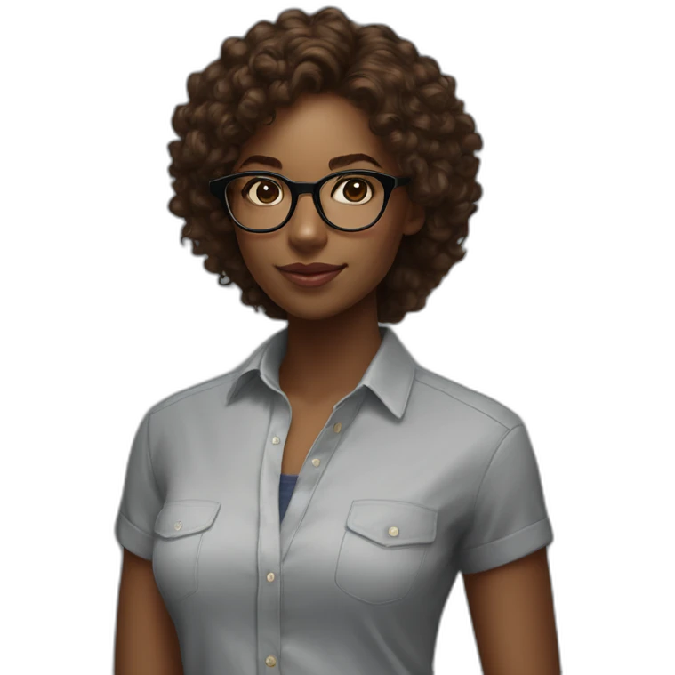 young black woman software engineer with eyeglasses with curly brown hair with ralph lauren shirt with arms emoji