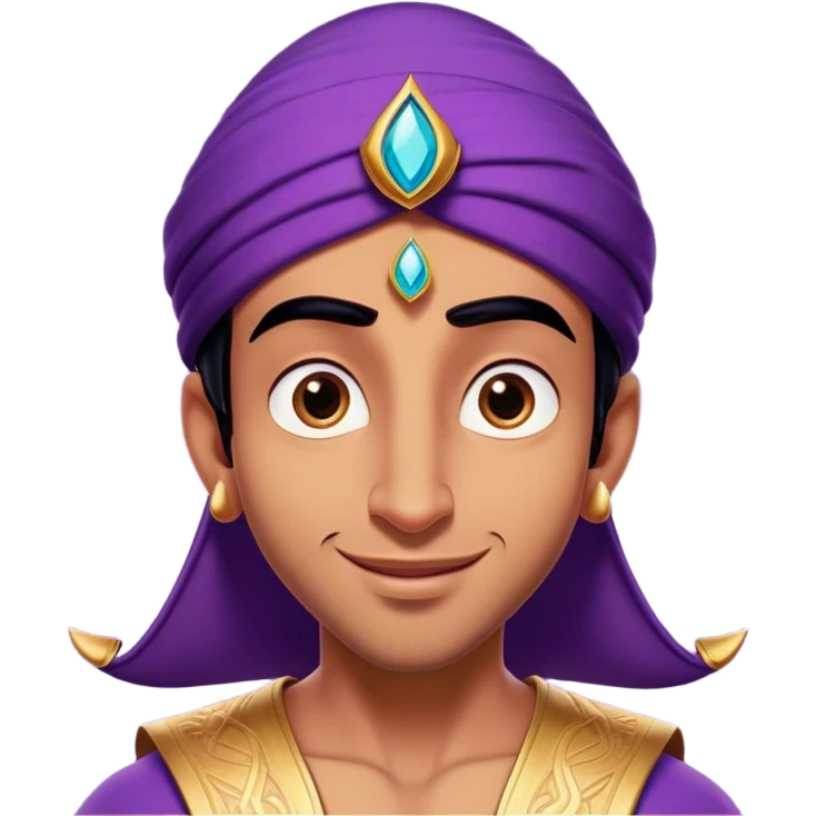 Cinematic Realistic Aladdin Portrait, head tilted playfully and inquisitively, showcasing his roguish charm and bright, mischievous eyes. His signature attire is rendered in exquisite detail with dynamic natural highlights, and a hint of magic sparkles about him—embodying a youthful, adventurous energy with friendly power. emoji