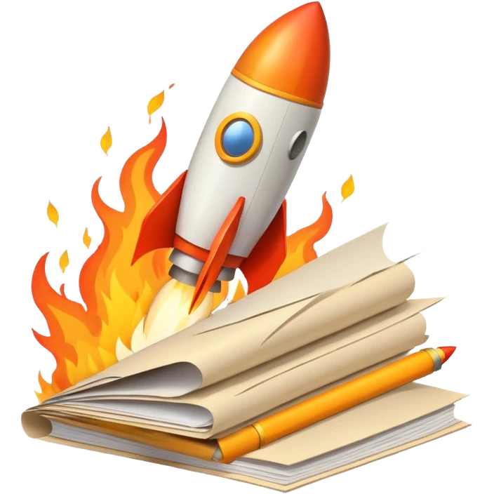 Rocket launching from stack of papers, fire trail, minimal flat design emoji