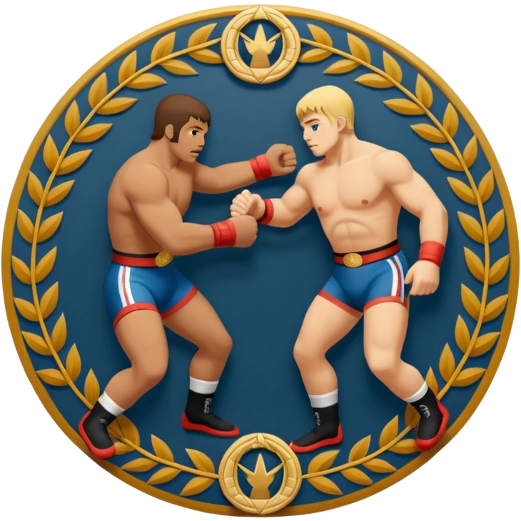 An icon symbolizing wrestling combat sports in the style of an emblem. The design features two wrestlers locked in a powerful grapple, one attempting to take the other down. Surrounding the scene are stylized elements like a championship belt, wrestling mat, and a laurel wreath. emoji