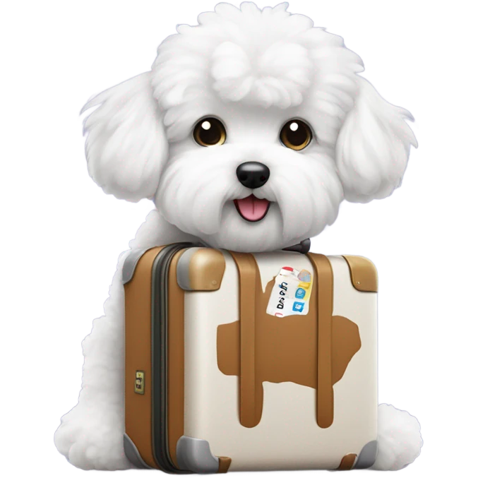 A world traveler, Bichon Frise, with a suitcase filled with iconic places stickers on the suitcase  emoji