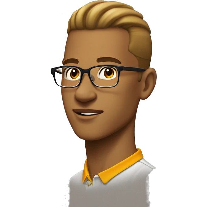 18 year old light skinned wearing saffron polo shirt, with slick back hair, and reading glasess  emoji