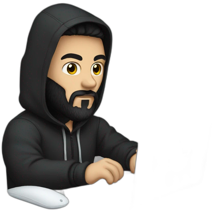 Hacker man with a black beard typing on apple computer wearing a black hoodie emoji