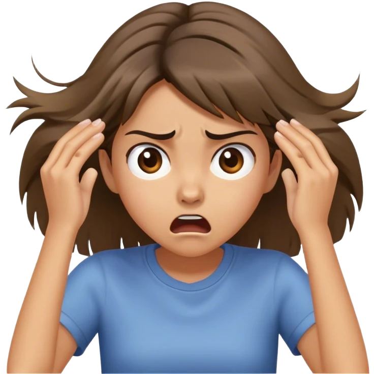 
The girl runs her hands down her hair and is very surprised and angry, her hands are down at the tips, she is tearing her hair straight, she is angry, she is in shock emoji