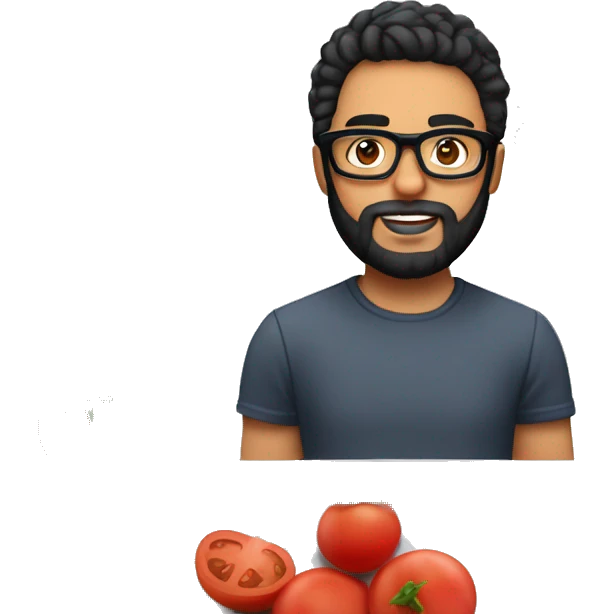 Designer with black hair, white skin, beard and glasses working with MacBook and tomato puree emoji