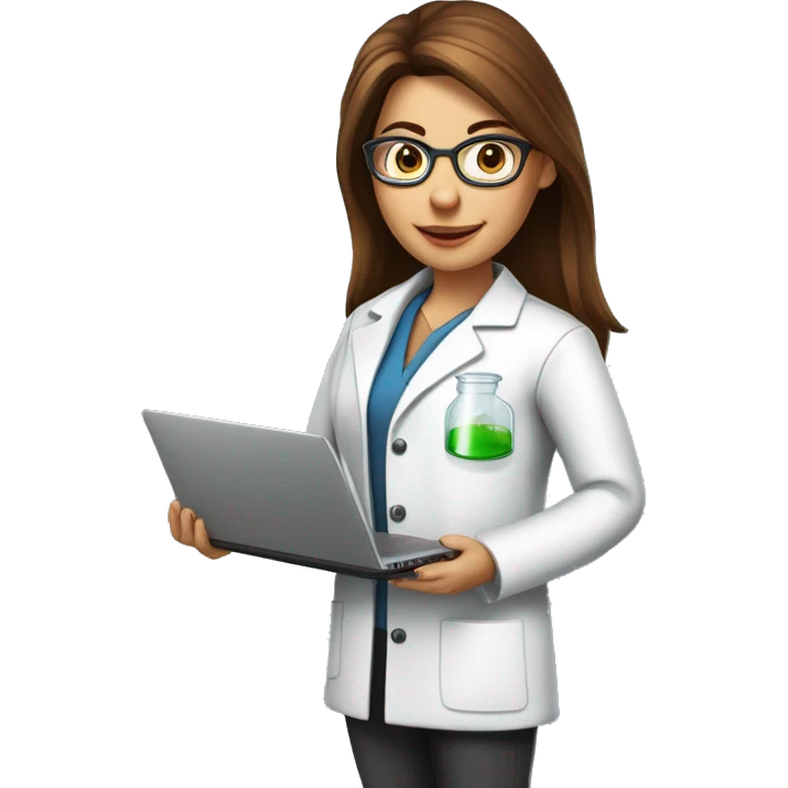Female scientist with brown straight hair, round glasses, lab coat, holding a beaker and a laptop with a growth chart. Include elements of science and marketing emoji