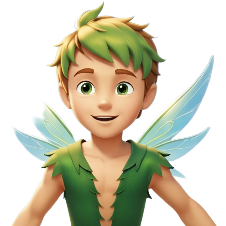 cinematic-realistic-peter-pan-portrait, head tilted dramatically with an exaggeratedly amused expression and sparkling eyes brimming with playful mischief, his iconic outfit rendered in vivid detail with dynamic shadows, soaring through the air. Next to him is a glowing Tinker Bell, whose delicate wings leave a trail of shimmering pixie dust across a whimsical sky. emoji