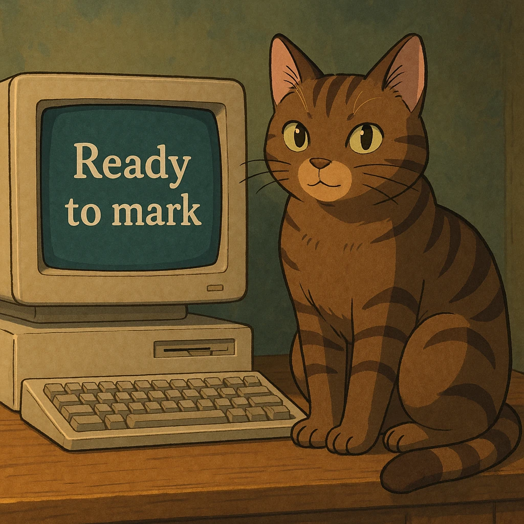 A cat sitting next to a computer with the inscription 'Ready to mark' emoji