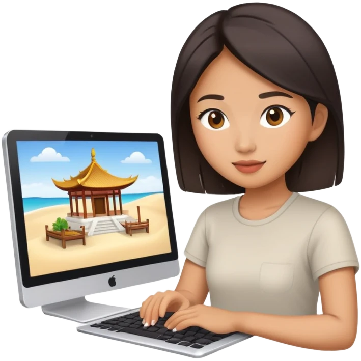 asian female editing youtube travel videos on a computer emoji