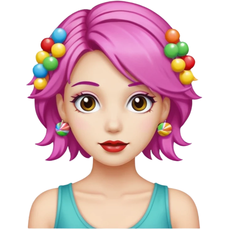 colorful hair woman with candy accessories, not holting a candy emoji