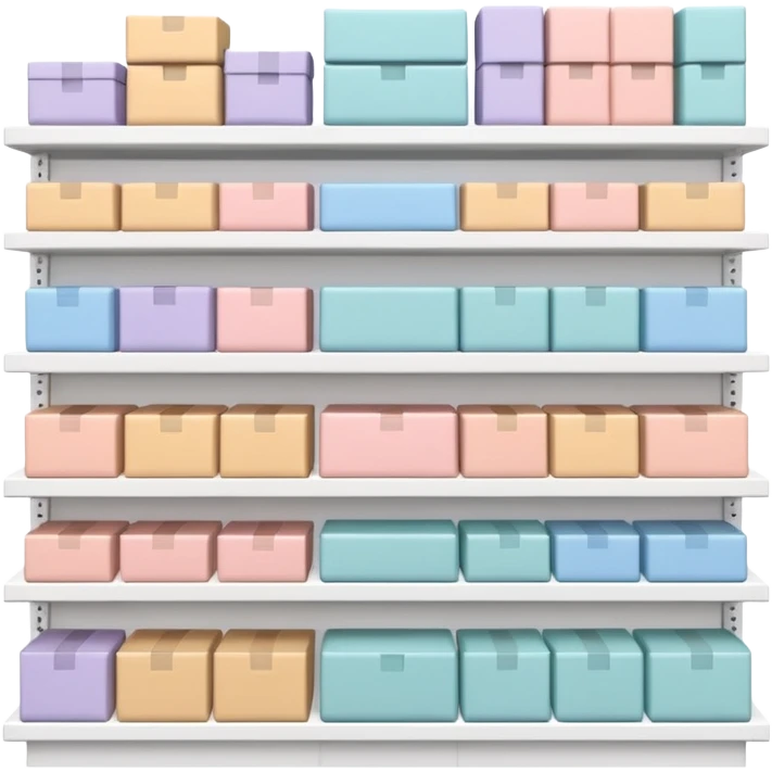 "Minimalist Japanese retail shelf display, products aligned identically across horizontal rows, vertically varied by type, clean spacing, precise symmetry, soft neutral lighting, aesthetic composition, highly organized, front-facing packages, ultra-detailed." emoji