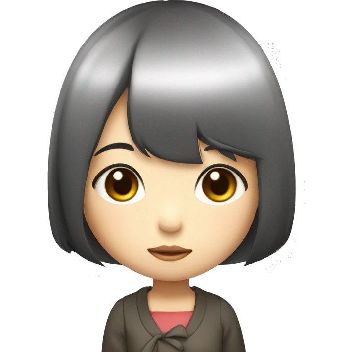 a cute Japanese little girl, with a straight-bob black hair, puffed cute face, her hands touching her left cheek, sad face looking down thinkig emoji