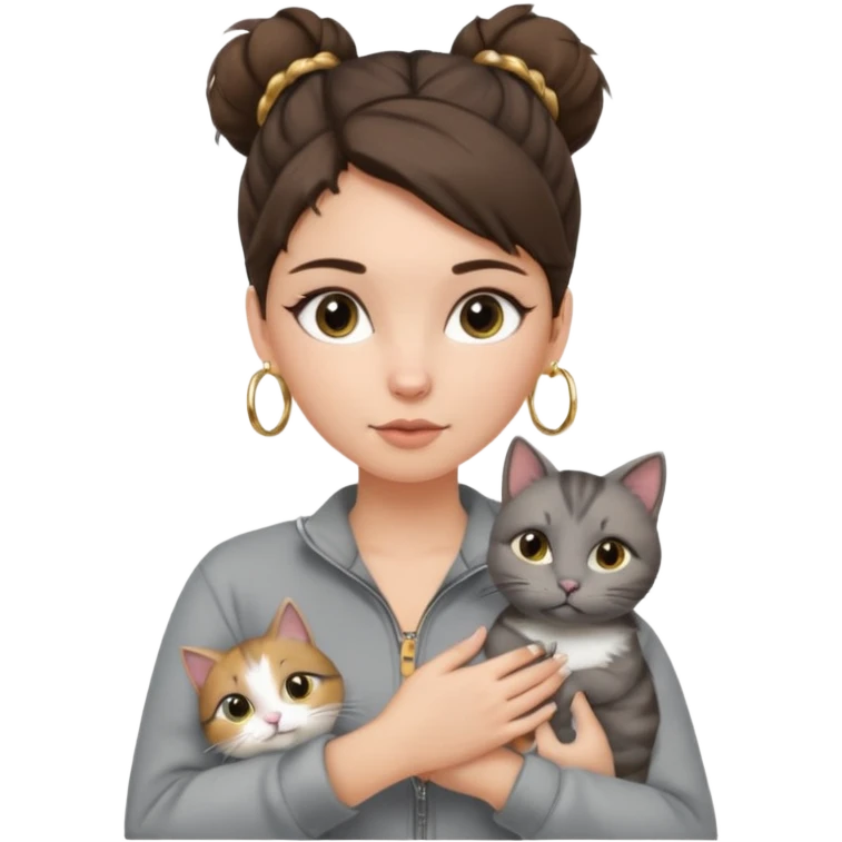a white girl with brunette hair in a messy bun holding a grey cat. the girl has long lashes and has on a grey zip up that is half way zipped and under a white shirt and gold jewelry that is hoop earrings and gold bracelets. emoji