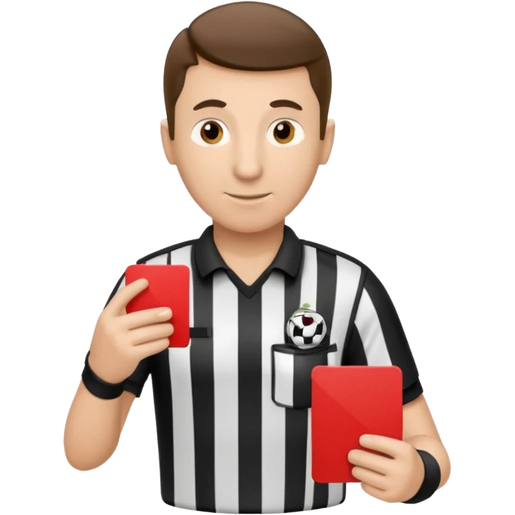Изображение футбольного судьи, в руках которого красная карточка из футбола. Судья не улыбается emoji