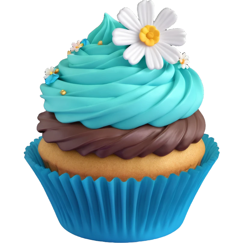A 3D iOS-style blueberry cupcake with a teal frosting swirl, a single blueberry on top, and a small flower decoration, based on the reference image. The cupcake should have a teal wrapper and a golden-brown base, with a light shadow underneath. emoji