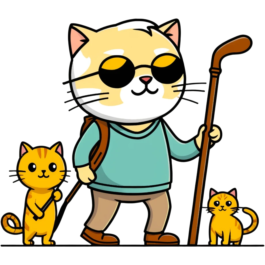  old blind man and his walking stick and guitar ￼ with golden cat  emoji