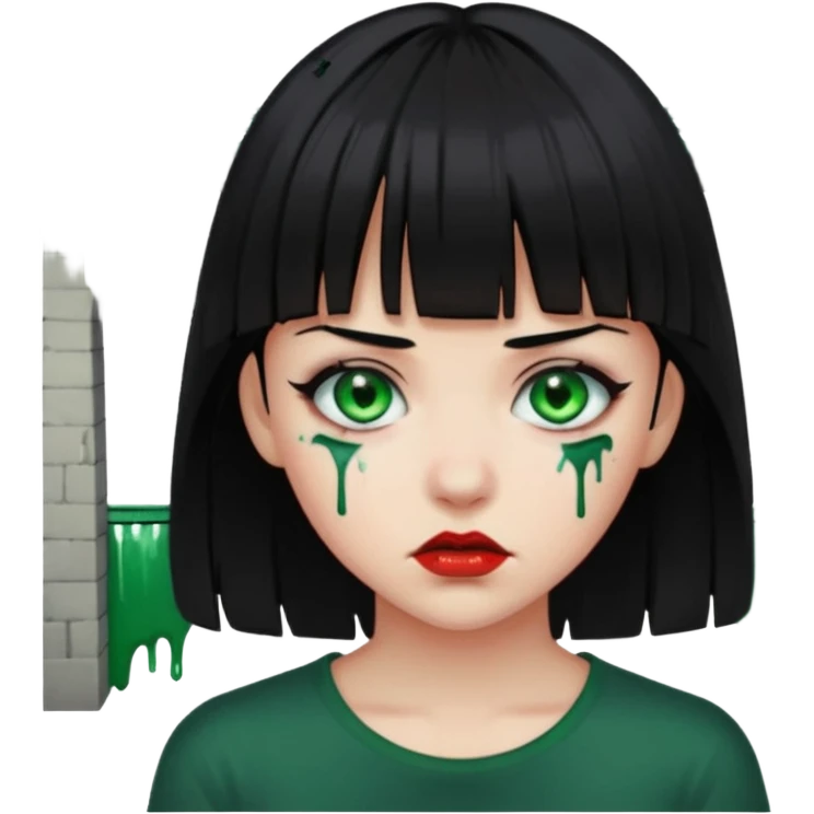 Guria com cabelo preto franjinha sangrando olhos verdes  fundo preto e um piercing bridgepiercing emoji