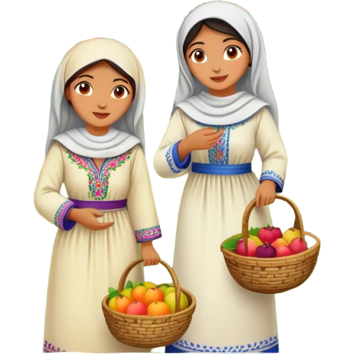 Palestinian women dressed in traditional embroidered thobes harvesting fruit in an orchard. Their vibrant and intricately designed dresses reflect deep heritage, while their coordinated efforts collecting fruit in a woven basket emoji