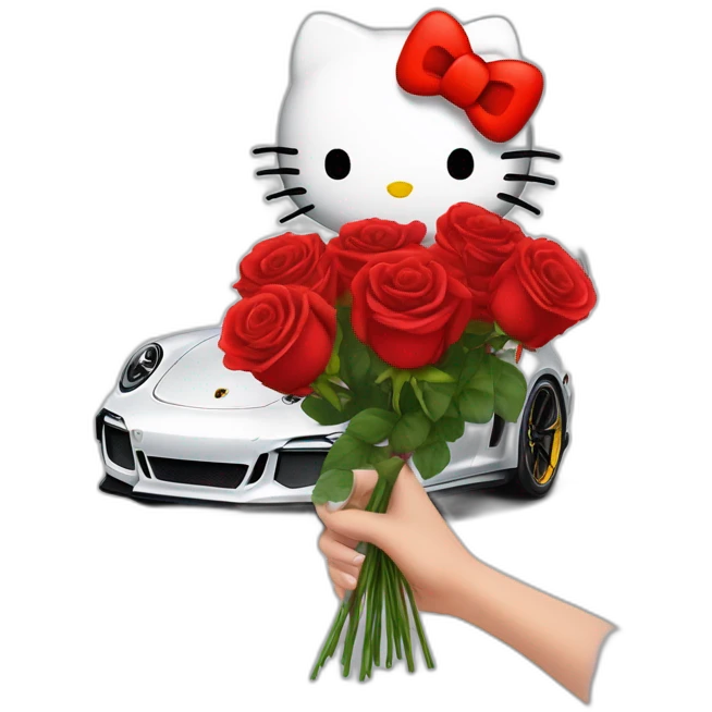 Hello kitty in porsche 911 gt3rs and bouquet of rose red in her hand emoji