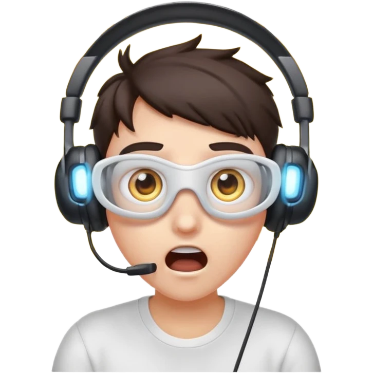 Cartoon character, surprised and blinded by flashbang, headset on, exaggerated eyes, bright white glowing effect, funny expression, Twitch emoji style, transparent background emoji