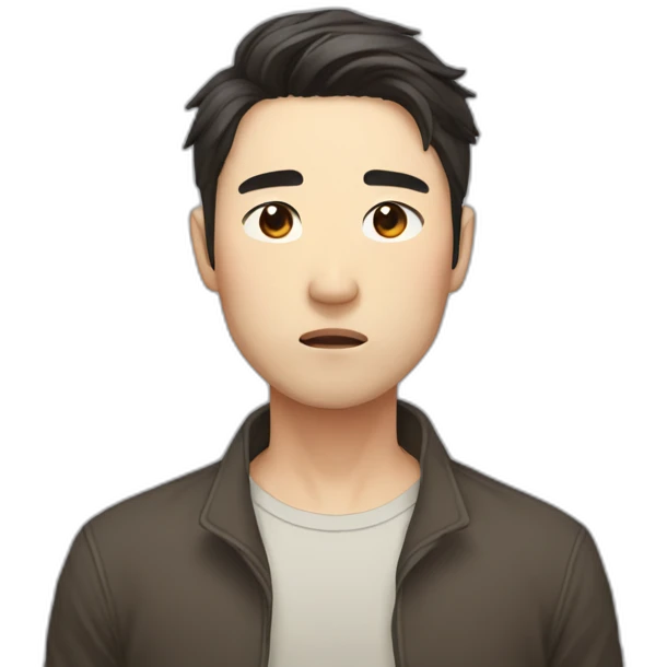 korean male early thirties short beard long brown hair sad expression emoji