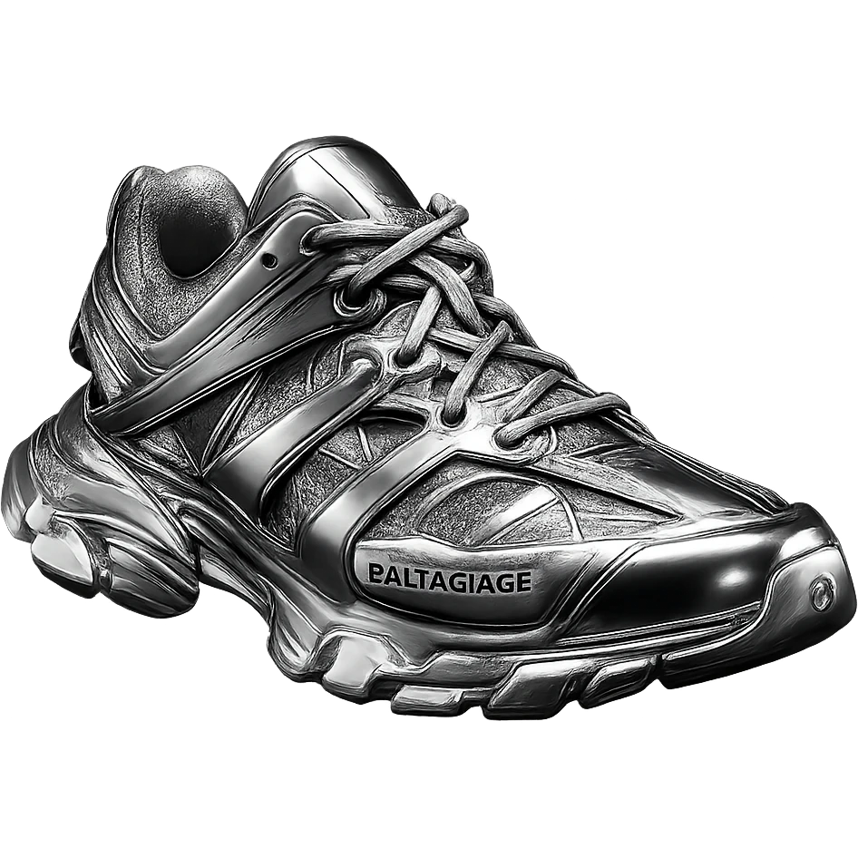 Balenciaga Track sneaker, angled view, chrome finish, modern and bold, simple background emoji