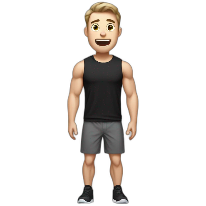 amazed Open with surprise mouth Pale skinned Fit Man With the biceps and dark brown hair in black shirt, gray sports shorts and white Sneakers emoji