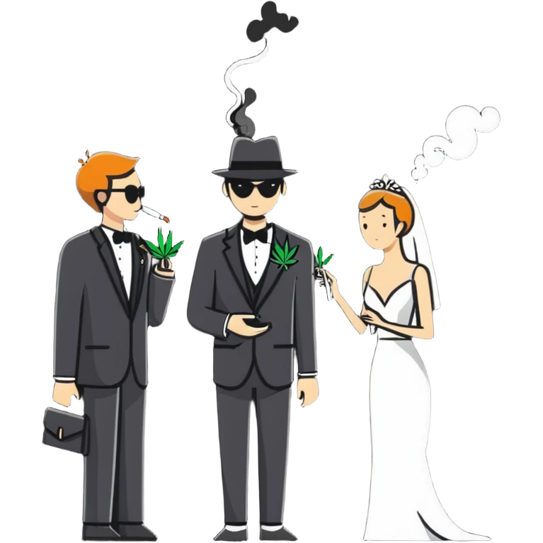 Person in fancy clothes sneaking into wedding ceremony smoking cannabis, full body emoji