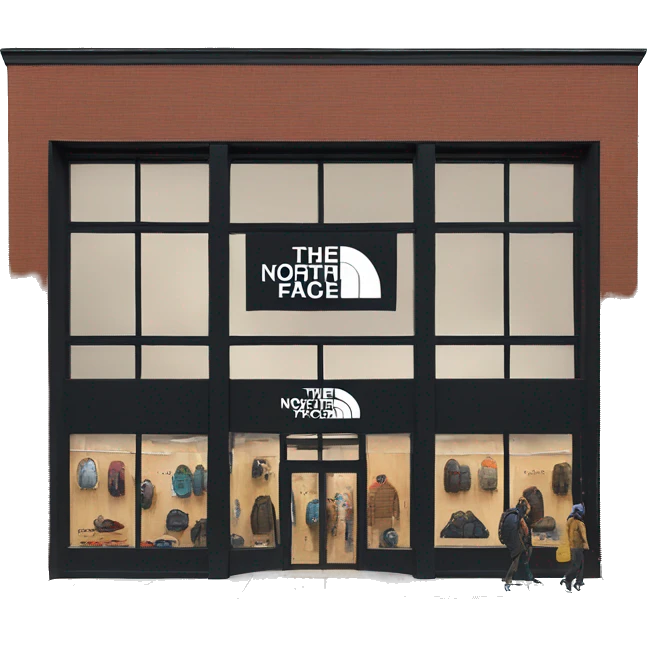 “The North Face store exterior with a rugged, modern facade, the iconic logo displayed prominently, large windows showcasing outdoor gear, and a natural, adventurous vibe.” emoji