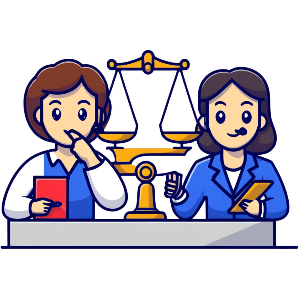 female notary with justice scale and stamp, phoning with another woman emoji