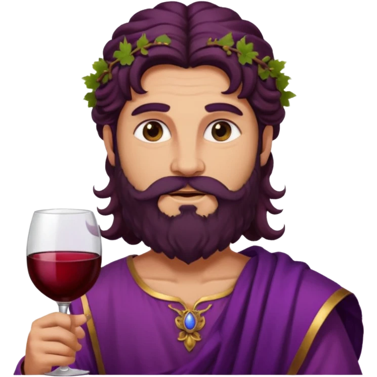 Bacchus, Wine God from Rome Mythology with long dark brown hair and beard, purple and burgundy outfit, emoji