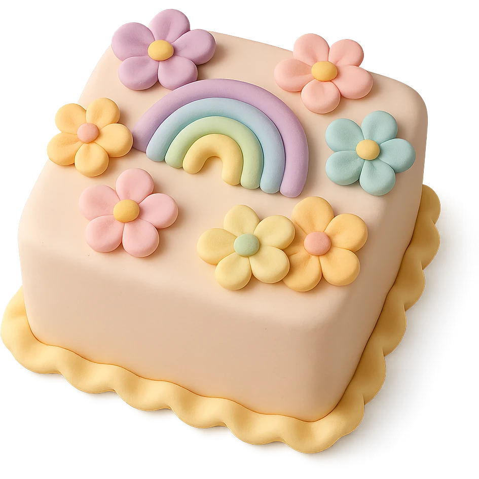 square fondant cake with rainbow flowers emoji