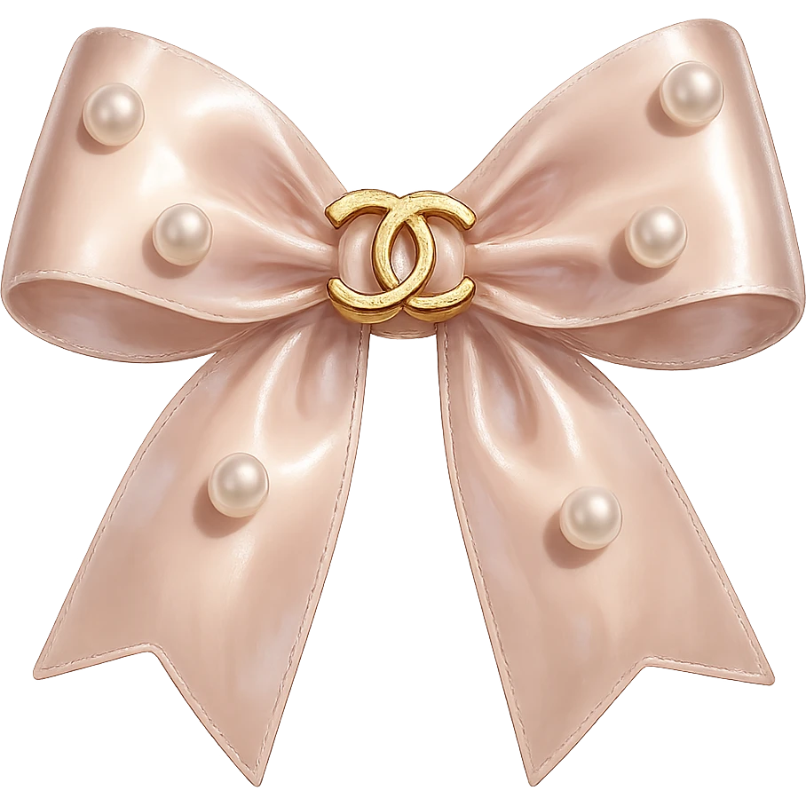 Remove the background, keep only the elegant bow with pearls and gold Chanel logo, glossy, pastel colors, realistic style, with no background. emoji