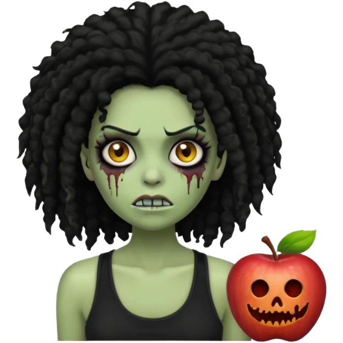 a female zombie with sage green skin, black long afro hair, eyelashes and a black tank top in apple emoji style emoji