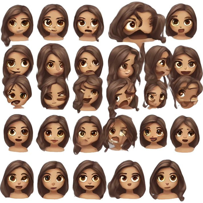 Design a series of Twitch emotes that showcase a bimbo character with long brown hair, big lips and pretty eyes in a series of different expressions emoji