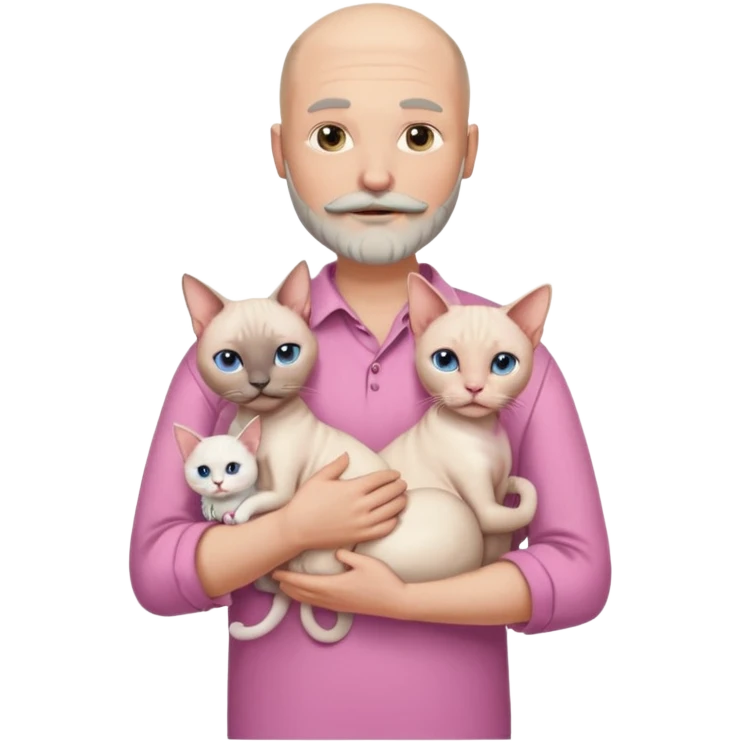 A bald white man in a shirt with a moustache and beard is holding a Siamese cat in his arms. Next to him stands a woman with light hair in a pink dress, holding a white Sphynx cat in her arms emoji