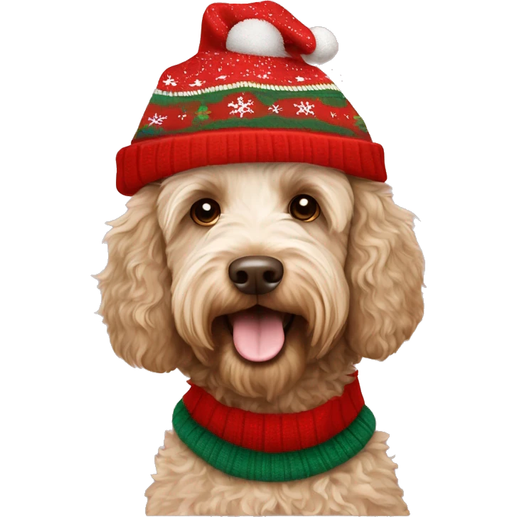 australian labradoodle in christmas sweater and hat emoji